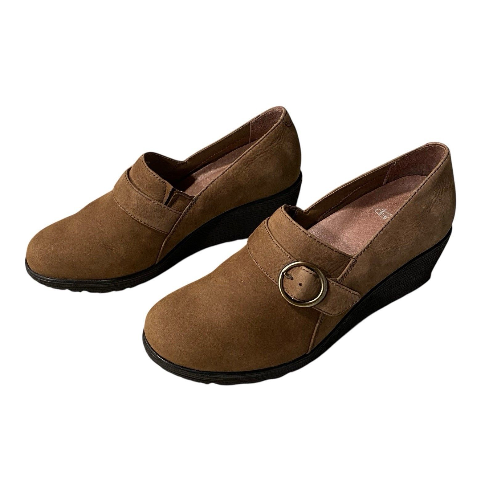 Dansko Clio Wedge Shoes Womens Eu 39 Us 8.5 Mushroom Nubuck Leather Buckle